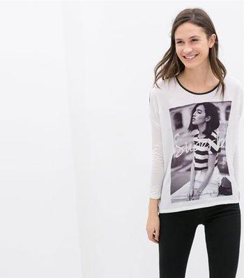 女装批发 专柜同款欧美2014夏季新款条纹美女图印花T拼皮女装解析